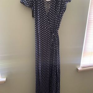 Polka dot navy maxi wrap dress from Lulu’s